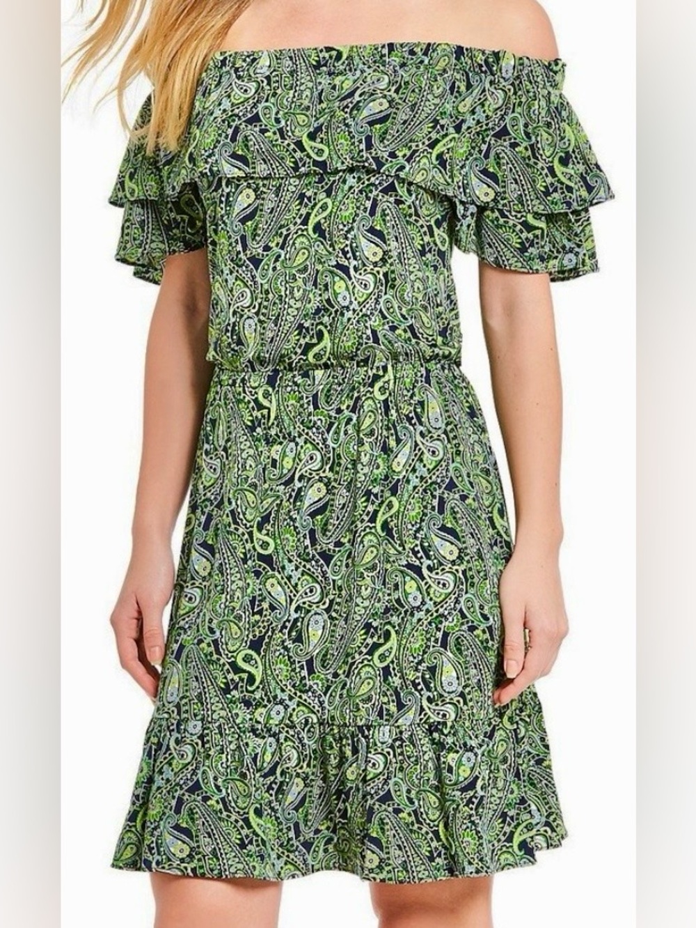 Michael Kors Green Paisley Dress Ruffle Sleeves off shoulder excel condition